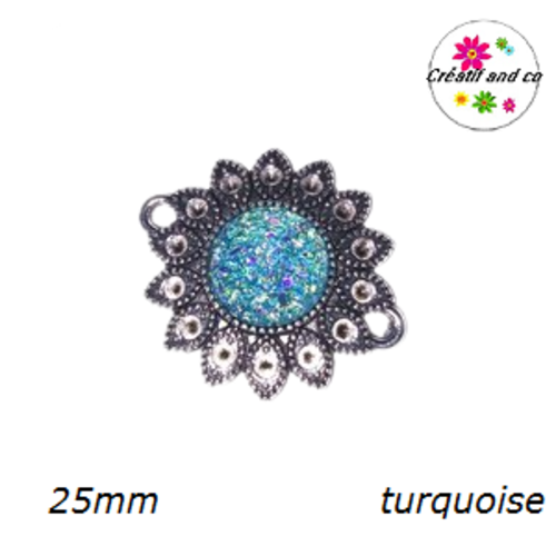 Connecteur argent tibétain forme fleur cabochon turquoise 25mm