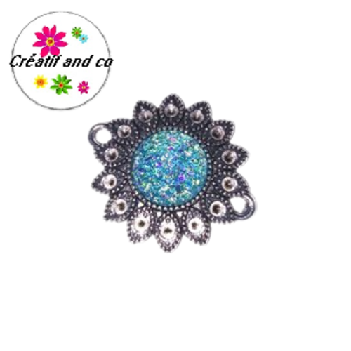 Connecteur argent tibétain forme fleur cabochon turquoise 25mm