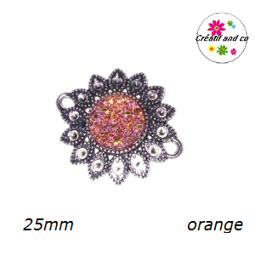 Connecteur argent tibétain forme fleur cabochon orange 25mm