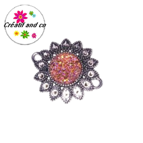 Connecteur argent tibétain forme fleur cabochon orange 25mm