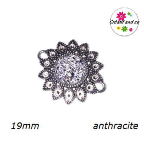 Connecteur argent tibétain forme fleur cabochon anthracite 25mm