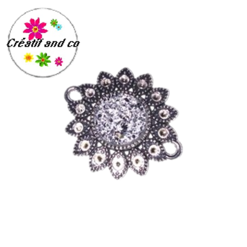 Connecteur argent tibétain forme fleur cabochon anthracite 25mm
