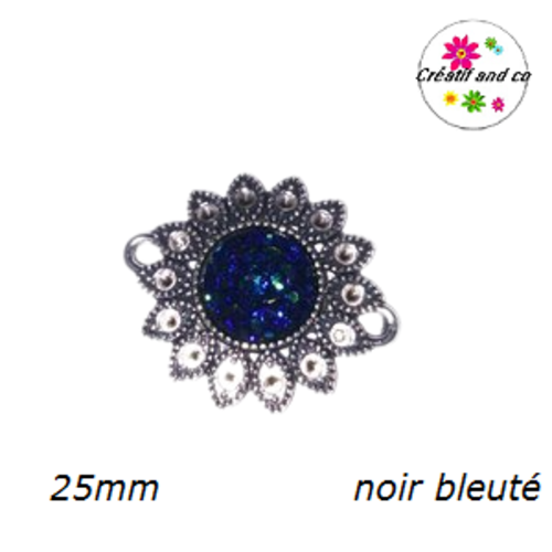 Connecteur argent tibétain forme fleur cabochon noir bleuté 25mm