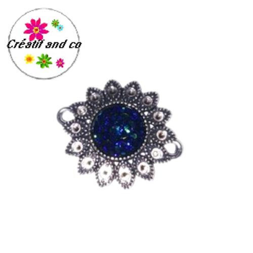 Connecteur argent tibétain forme fleur cabochon noir bleuté 25mm