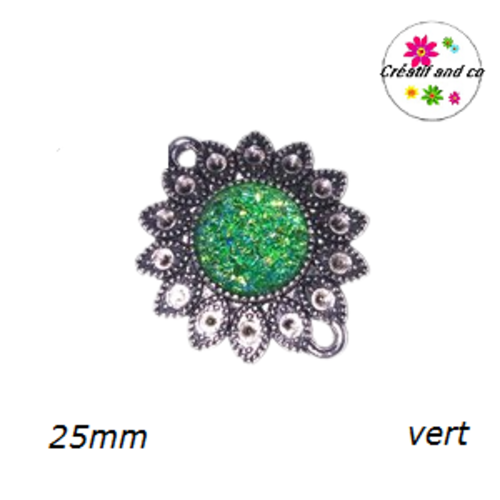 Connecteur argent tibétain forme fleur cabochon vert 25mm