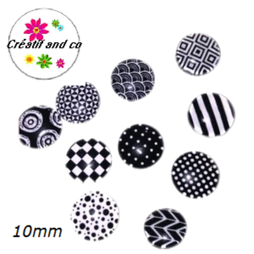 X10 cabochons noirs et blancs mix 10mm