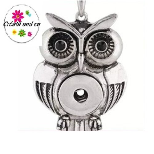 Collier grand pendentif hibou yeux strass noirs pour bouton pression