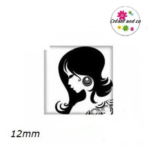 X2 cabochons carrés profil femme noir 12mm