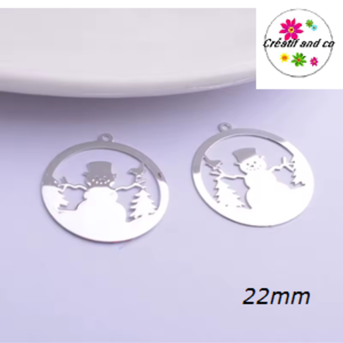 Breloque estampe bonhomme de neige dans boule argentée  22mm