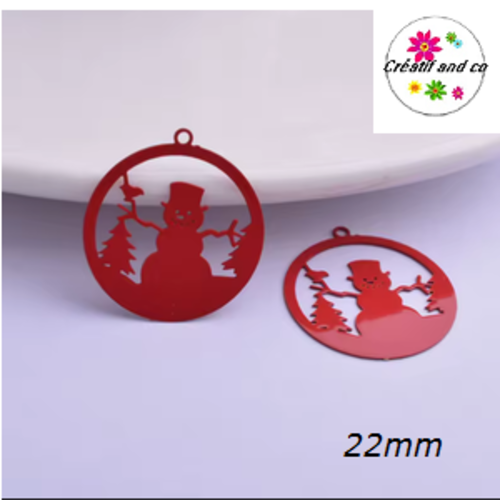 Breloque estampe bonhomme de neige dans boule rouge 22mm