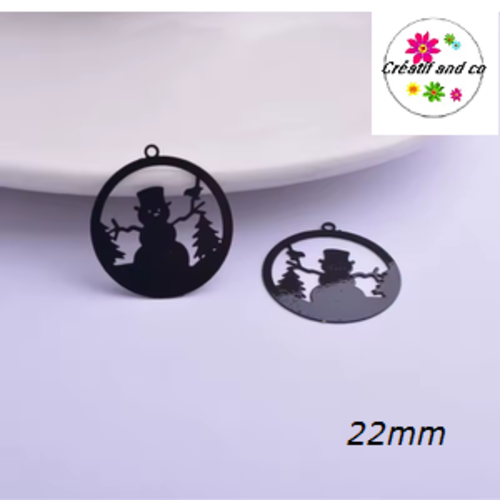 Breloque estampe bonhomme de neige dans boule noire 22mm