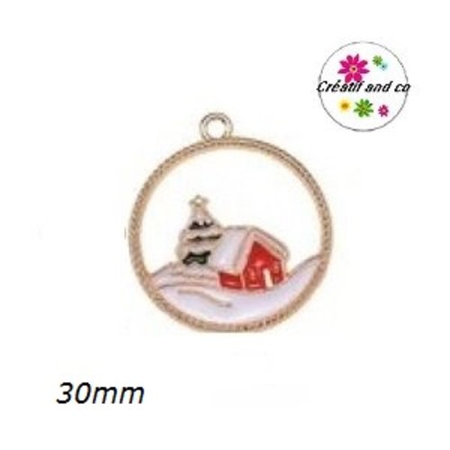 Breloque chalet noël dans cercle émail 30mm