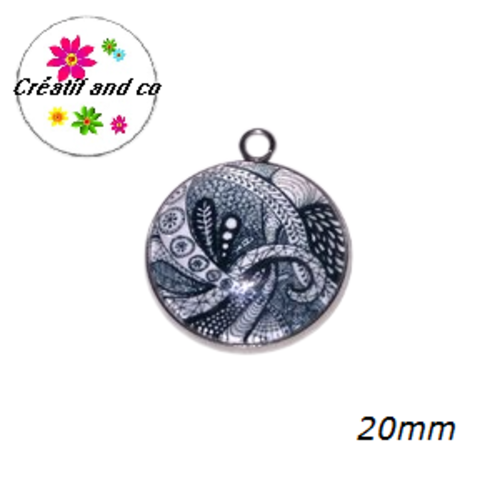 Pendentif cabochon mandala noir et blanc 20mm