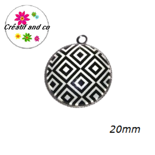 Pendentif cabochon à motif noir et blanc 20mm