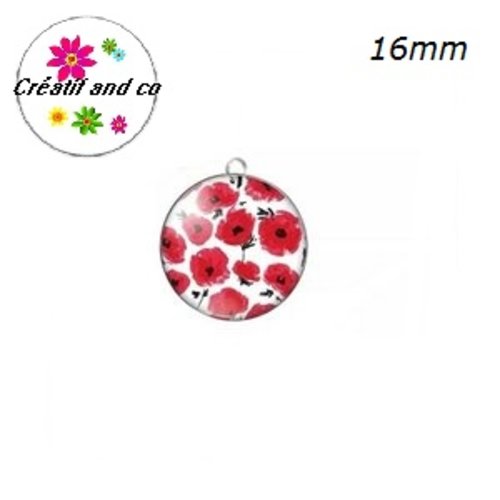 Pendentif cabochon fleurs rouges 16mm