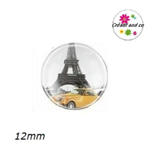 X2 cabochons voiture jaune devant tour eiffel 12mm