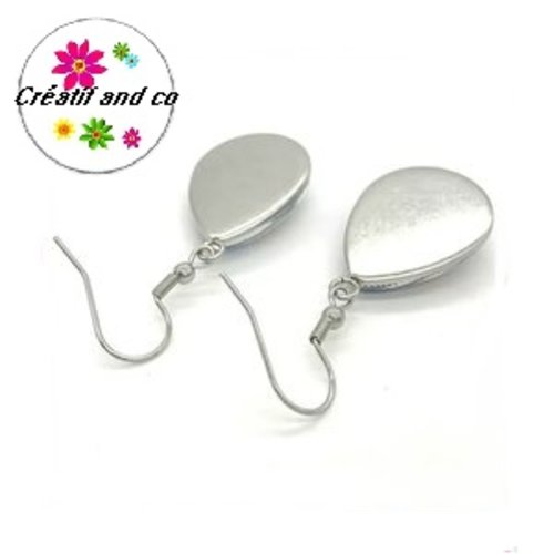 Boucle d'oreille métal argentée cabochon goutte 18x25mm