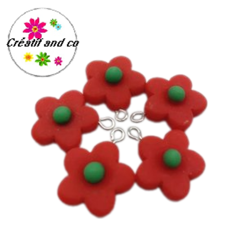 Pendentif fleur rouge coeur vert résine 20mm