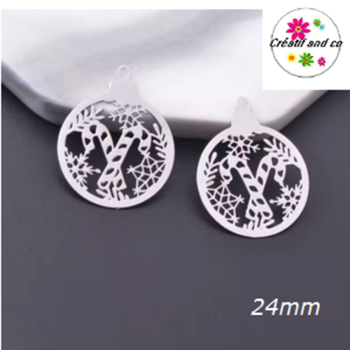 Breloque estampe boule de nöel et ses bâtons de sucre d'orge argent  24mm