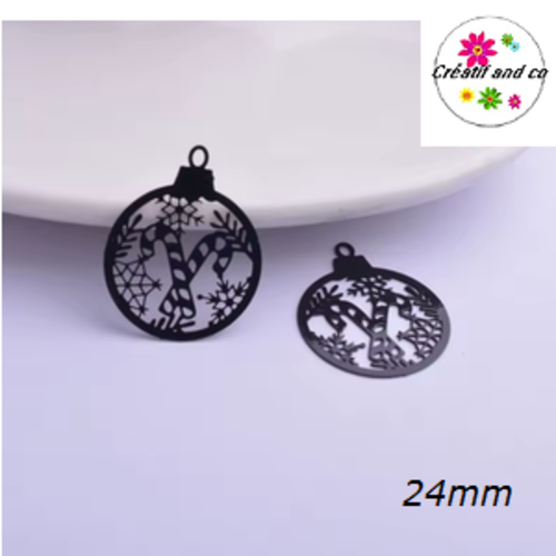 Breloque estampe boule de nöel et ses bâtons de sucre d'orge noire 24mm