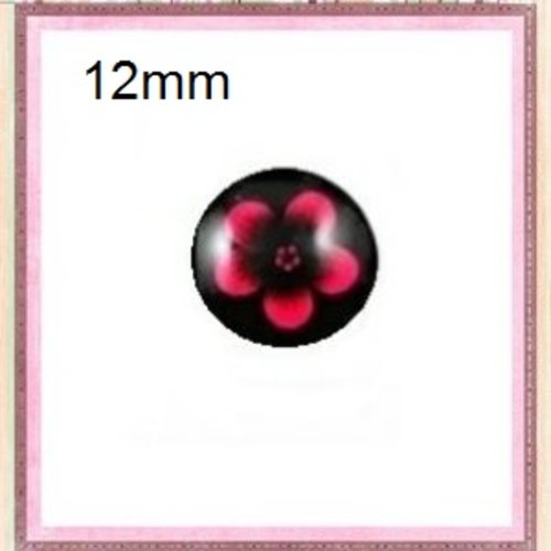 X2 cabochons fleur rouge fond noir 12mm