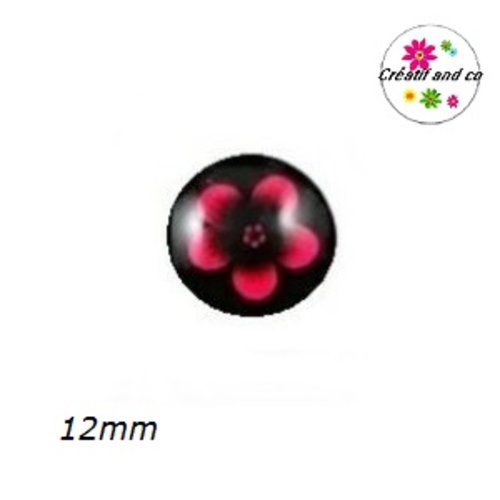 X2 cabochons fleur rouge fond noir 12mm