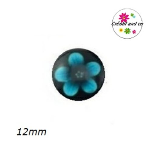X2 cabochons fleur bleue fond noir 12mm