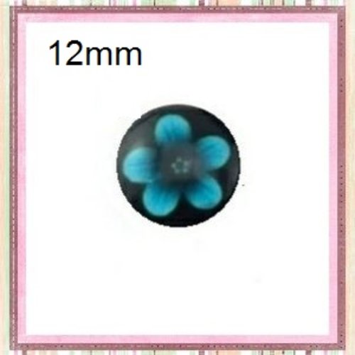 X2 cabochons fleur bleue fond noir 12mm