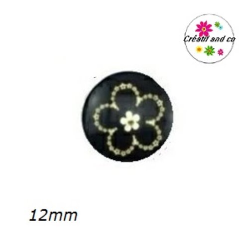 X2 cabochons fleur blanche fond noir 12mm