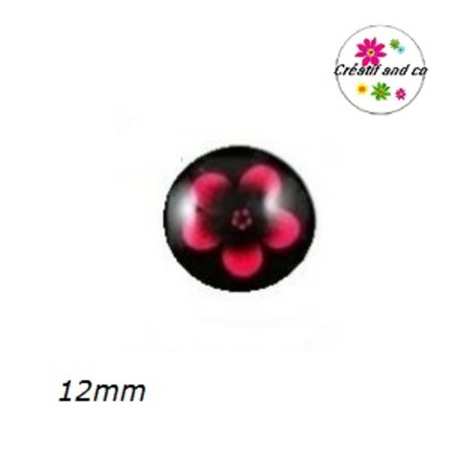 X2 cabochons fleur fuchsia fond noir 12mm