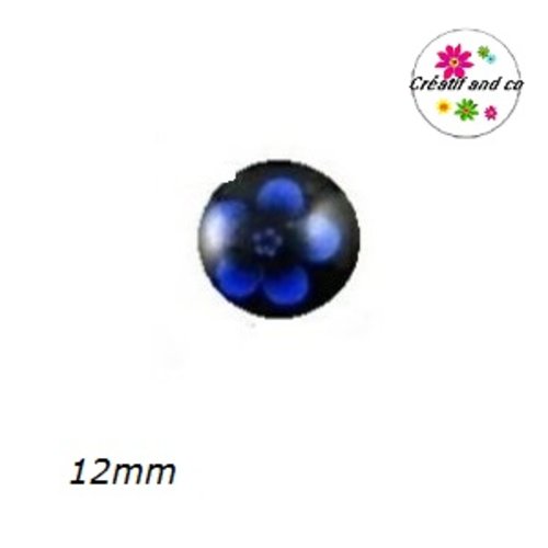 X2 cabochons fleur bleue foncée fond noir 12mm