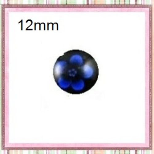 X2 cabochons fleur bleue foncée fond noir 12mm