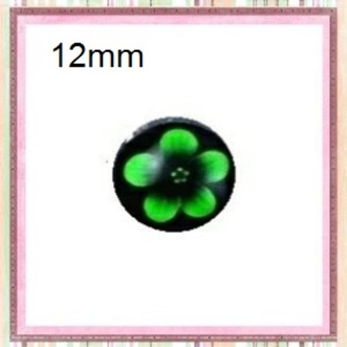 X2 cabochons fleur verte fond noir 12mm