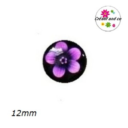 X2 cabochons fleur mauve fond noir 12mm