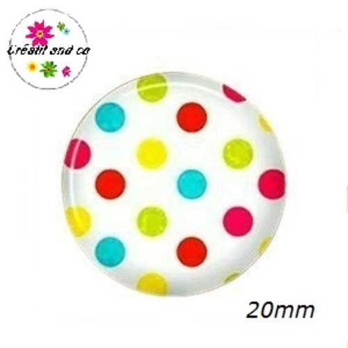Cabochon à pois colorés fond blanc 20mm