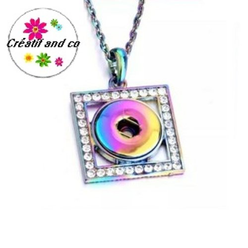 Collier pendentif carré multicouleur et strass pour bouton pression