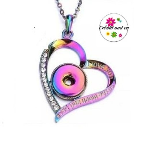 Collier pendentif coeur multicouleur et strass pour bouton pression