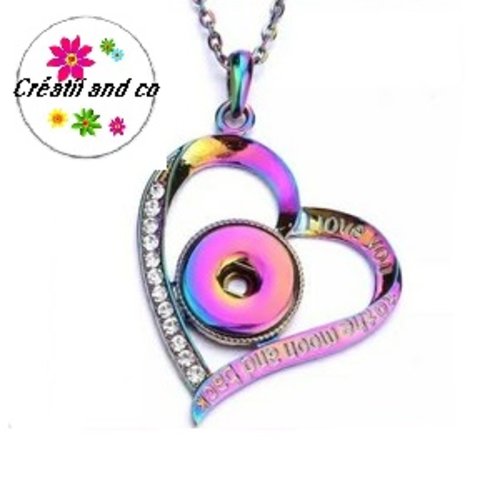 Collier pendentif coeur multicouleur et strass pour bouton pression