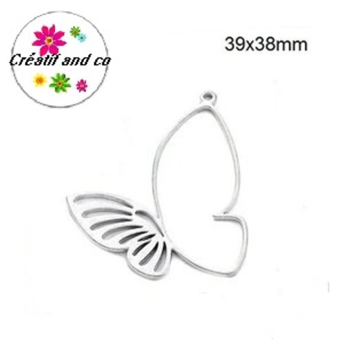 Pendentif grand papillon argenté 39mm