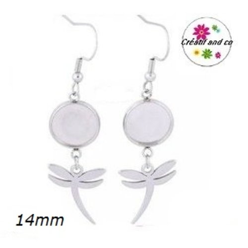 Boucle d'oreille connecteur cabochon 14mm et sa breloque libellule