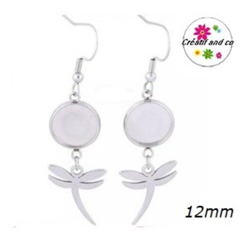 Boucle d'oreille connecteur cabochon 12mm et sa breloque libellule