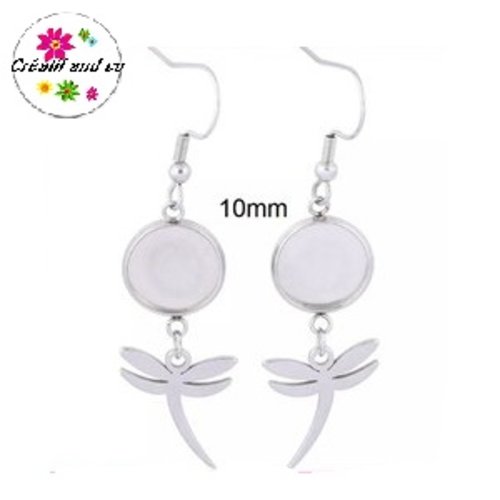 Boucle d'oreille connecteur cabochon 10mm et sa breloque libellule