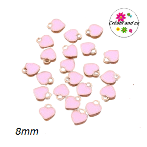 Breloque petit coeur rose émail 8mm