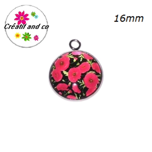 Pendentif cabochon fleurs rouges 16mm