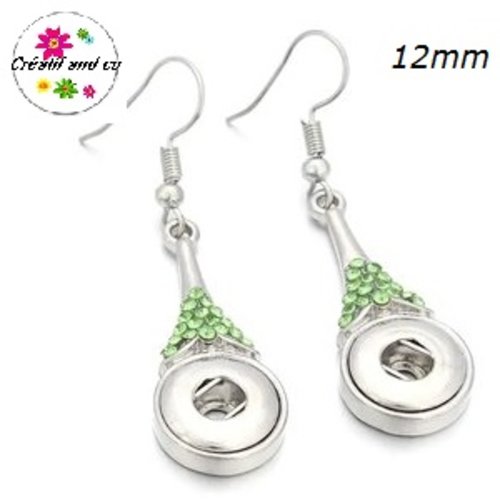 Boucle d'oreille pendante strass vert bouton pression 12mm