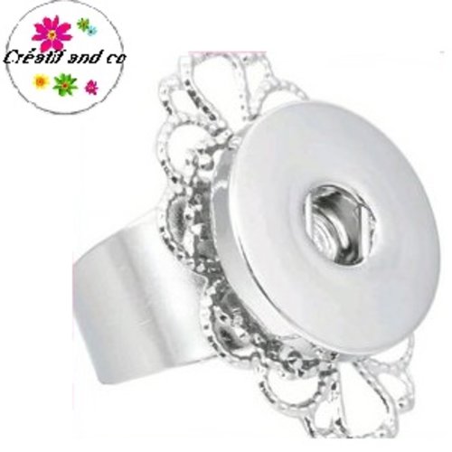 Bague métal ovale réglable argentée et strass pour bouton pression 18/20mm