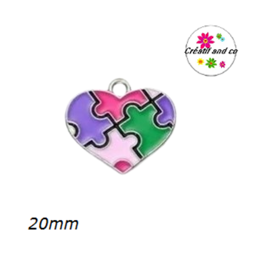 Pendentif coeur pièces de puzzle coloré émail 20mm