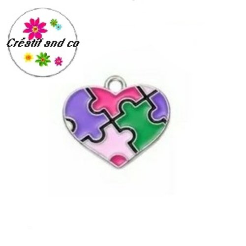 Pendentif coeur pièces de puzzle coloré émail 20mm