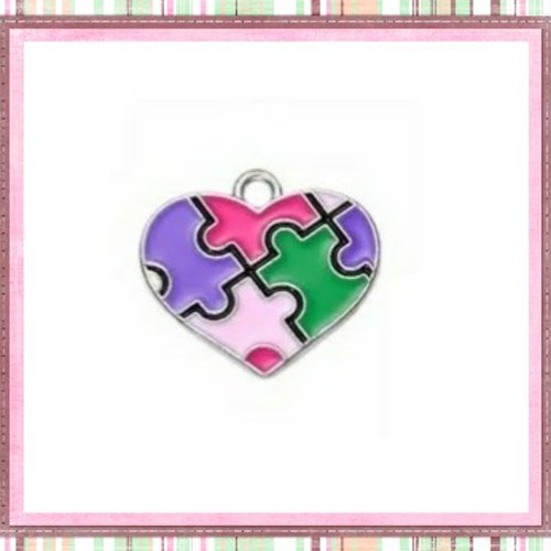 Pendentif coeur pièces de puzzle coloré émail 20mm