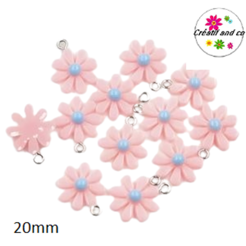 Breloque fleur rose coeur bleu résine 20mm